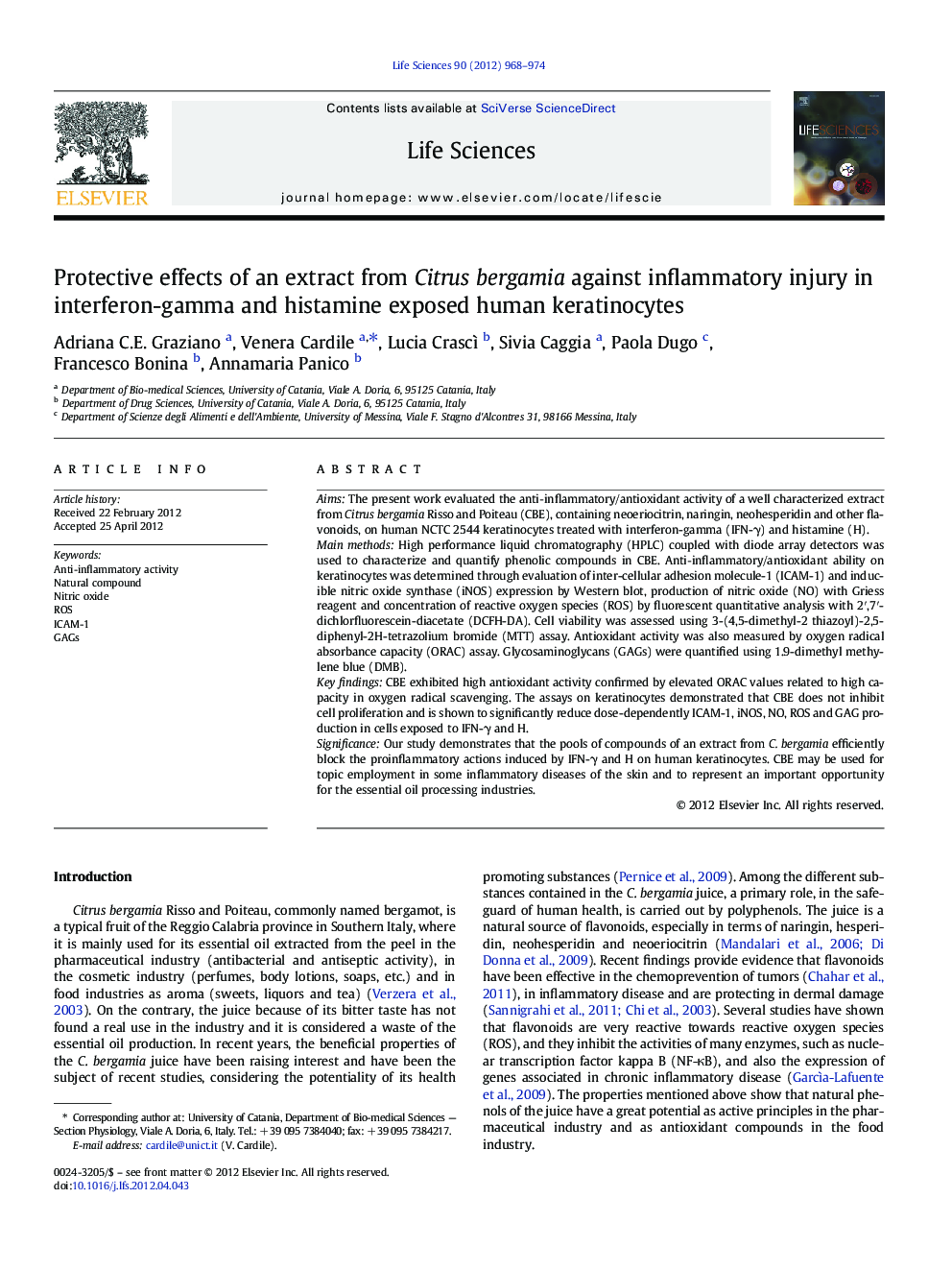 Protective effects of an extract from Citrus bergamia against inflammatory injury in interferon-gamma and histamine exposed human keratinocytes