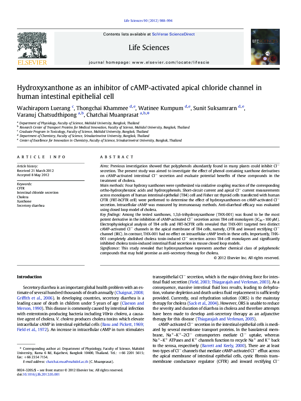 Hydroxyxanthone as an inhibitor of cAMP-activated apical chloride channel in human intestinal epithelial cell