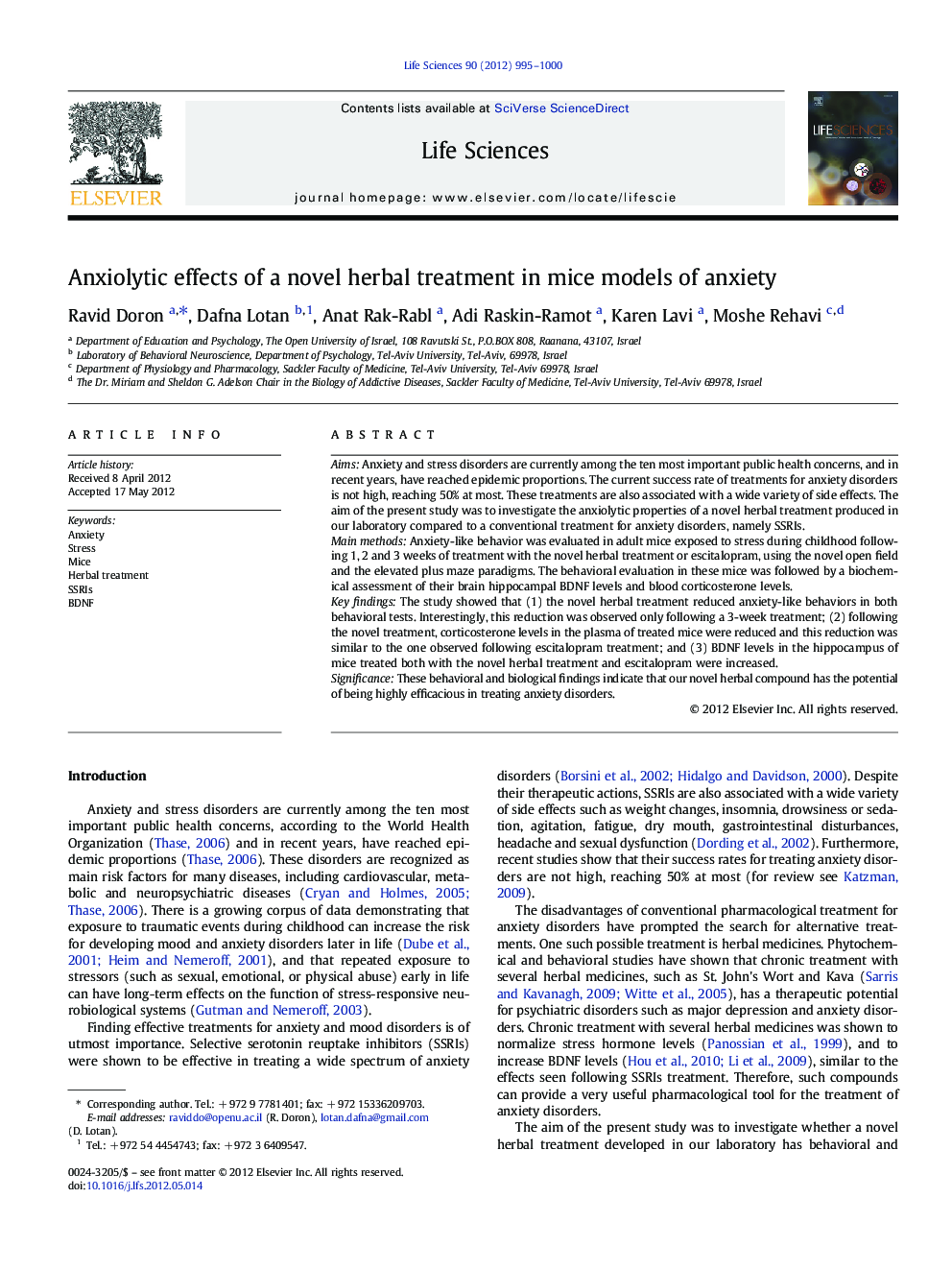 Anxiolytic effects of a novel herbal treatment in mice models of anxiety