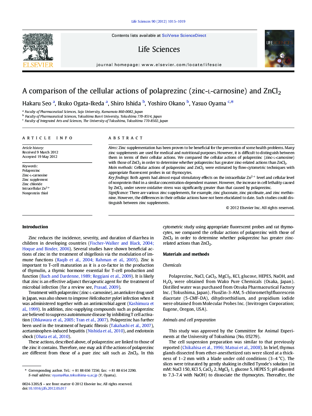 A comparison of the cellular actions of polaprezinc (zinc-l-carnosine) and ZnCl2