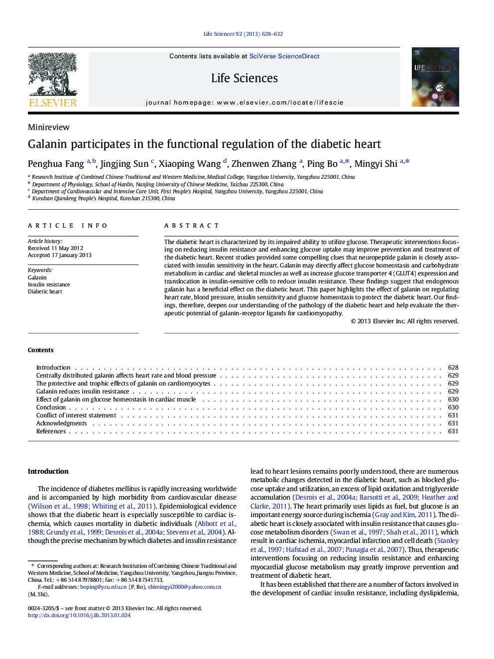 Galanin participates in the functional regulation of the diabetic heart