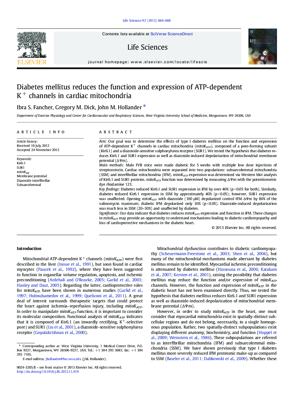 Diabetes mellitus reduces the function and expression of ATP-dependent K+ channels in cardiac mitochondria