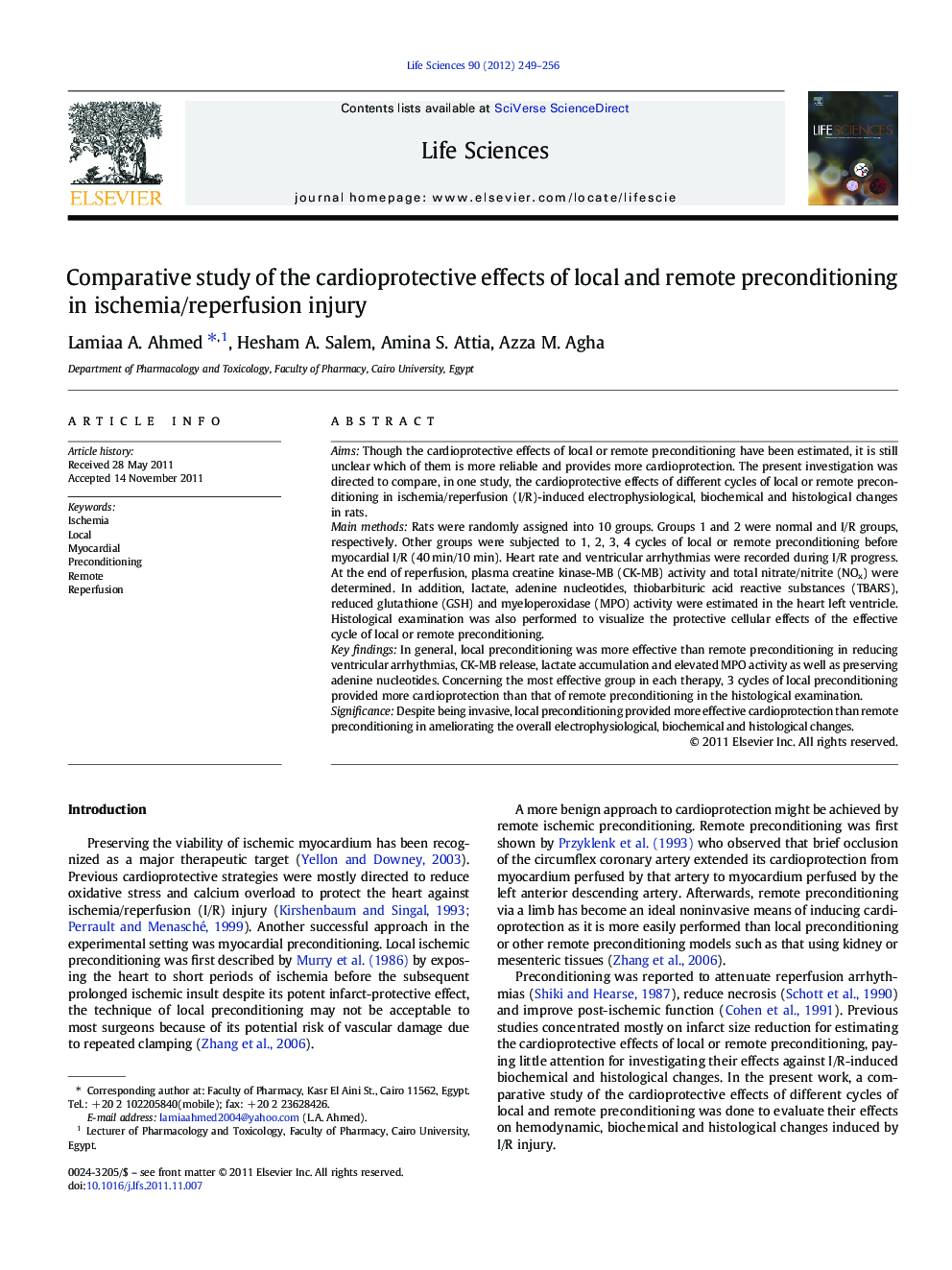 Comparative study of the cardioprotective effects of local and remote preconditioning in ischemia/reperfusion injury