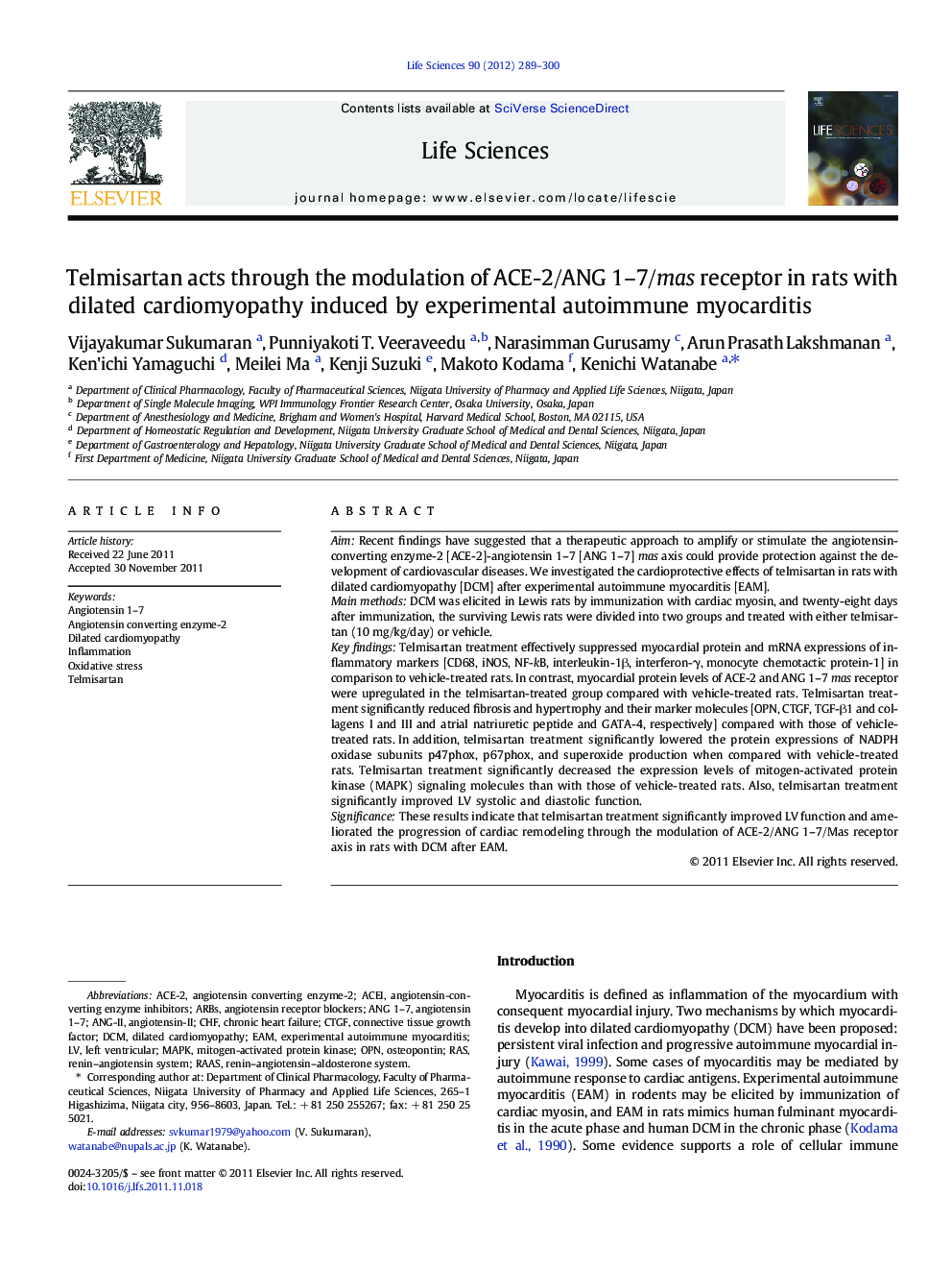 Telmisartan acts through the modulation of ACE-2/ANG 1–7/mas receptor in rats with dilated cardiomyopathy induced by experimental autoimmune myocarditis