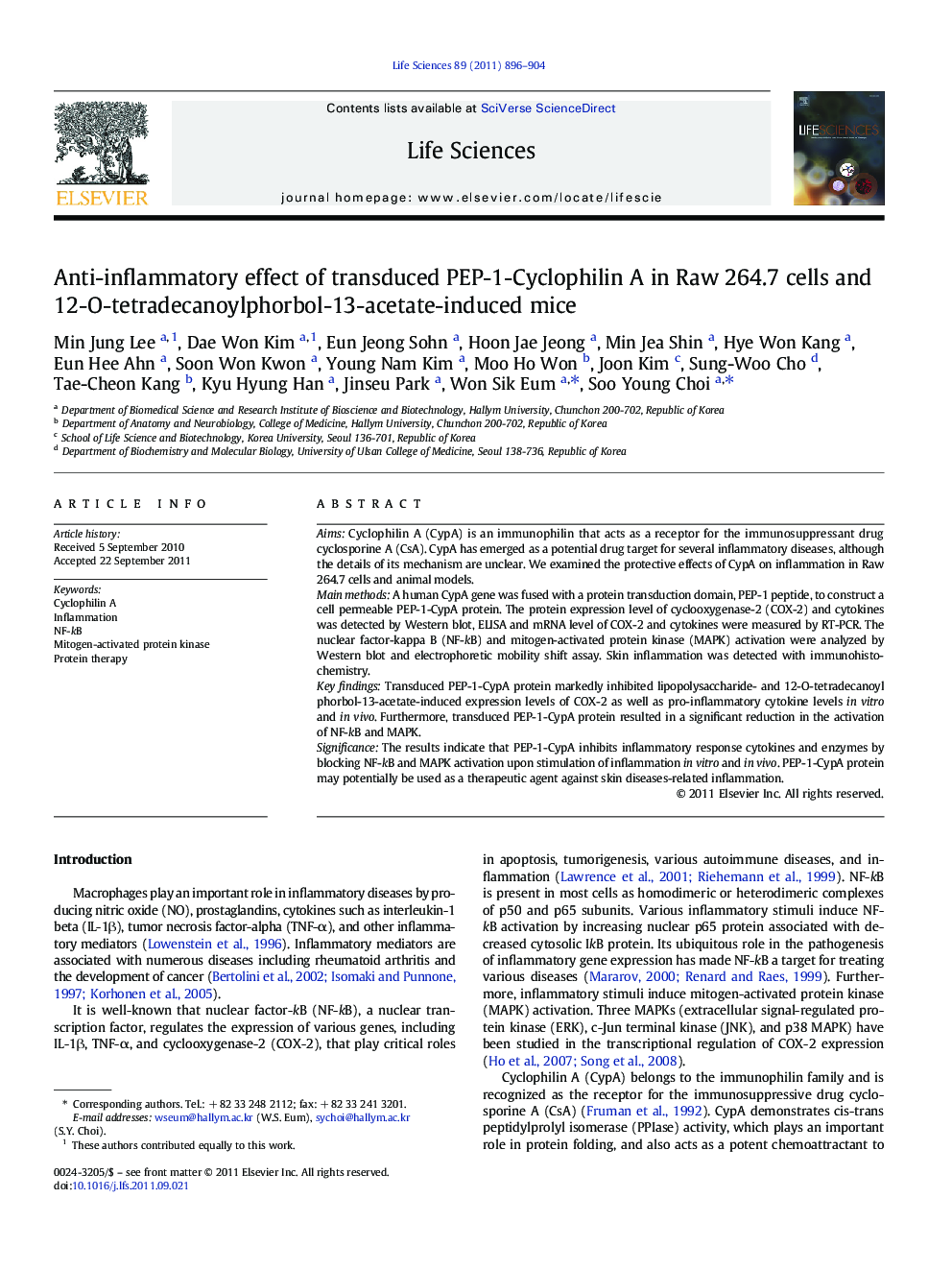 Anti-inflammatory effect of transduced PEP-1-Cyclophilin A in Raw 264.7 cells and 12-O-tetradecanoylphorbol-13-acetate-induced mice