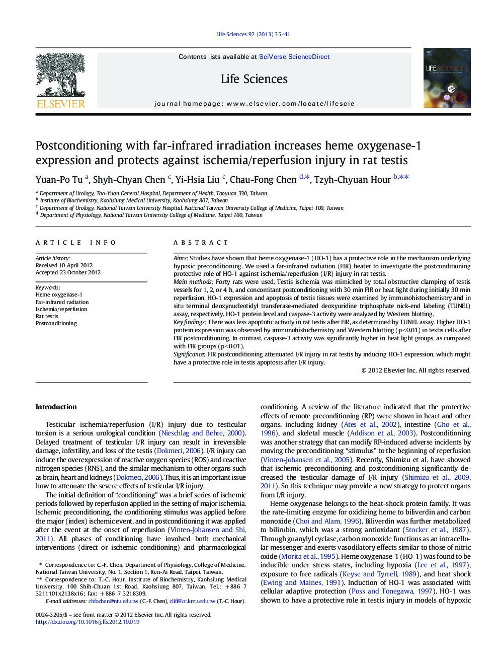 Postconditioning with far-infrared irradiation increases heme oxygenase-1 expression and protects against ischemia/reperfusion injury in rat testis