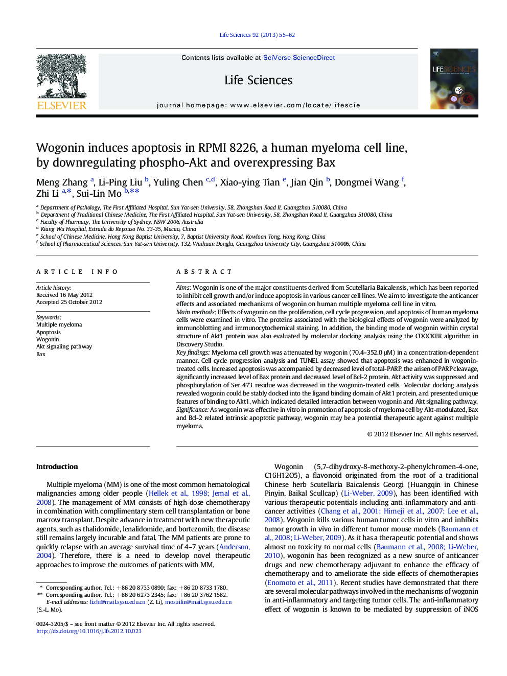 Wogonin induces apoptosis in RPMI 8226, a human myeloma cell line, by downregulating phospho-Akt and overexpressing Bax