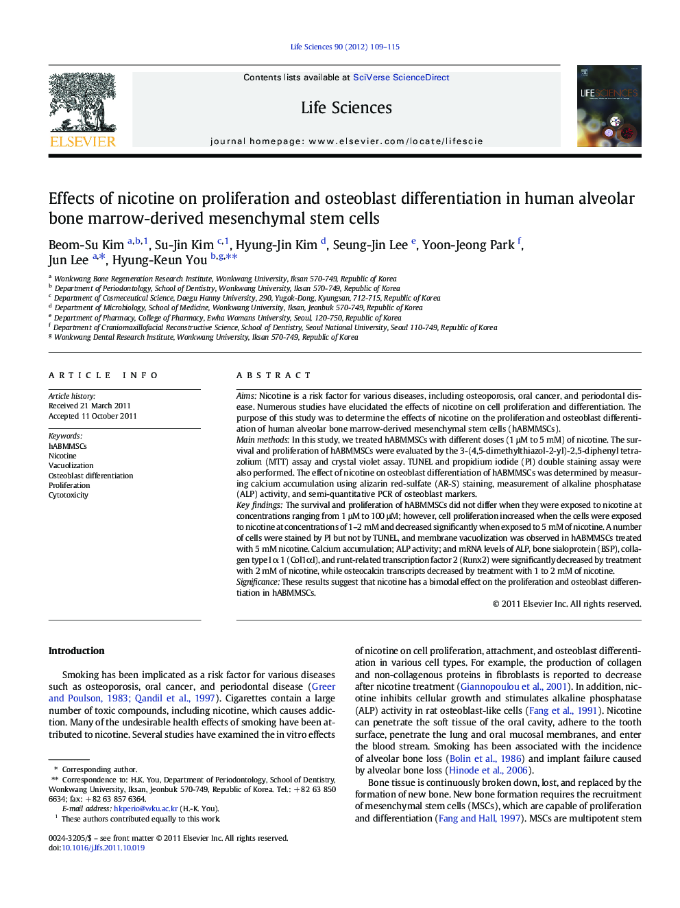 Effects of nicotine on proliferation and osteoblast differentiation in human alveolar bone marrow-derived mesenchymal stem cells