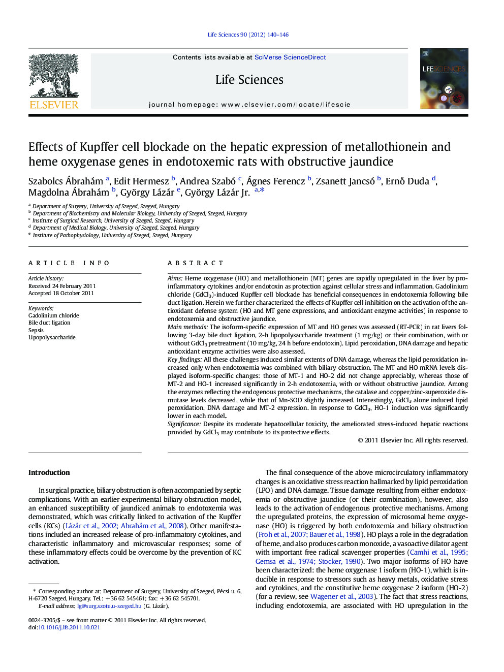 Effects of Kupffer cell blockade on the hepatic expression of metallothionein and heme oxygenase genes in endotoxemic rats with obstructive jaundice