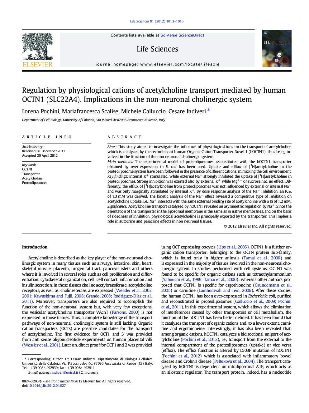 Regulation by physiological cations of acetylcholine transport mediated by human OCTN1 (SLC22A4). Implications in the non-neuronal cholinergic system