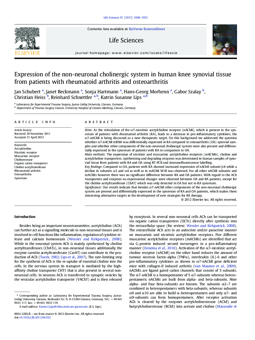 Expression of the non-neuronal cholinergic system in human knee synovial tissue from patients with rheumatoid arthritis and osteoarthritis