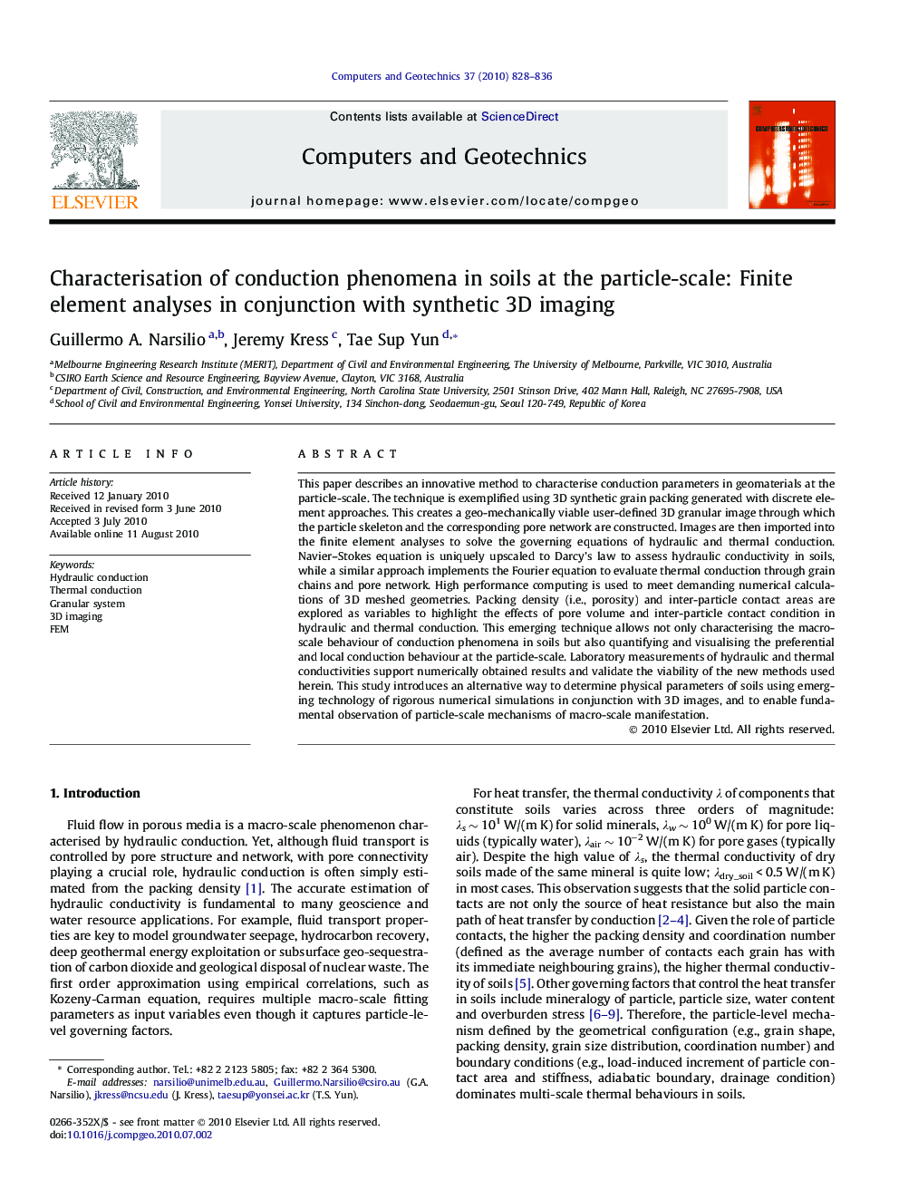 Characterisation of conduction phenomena in soils at the particle-scale: Finite element analyses in conjunction with synthetic 3D imaging