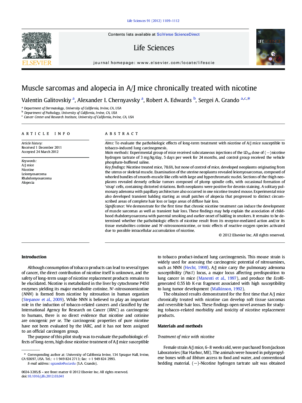 Muscle sarcomas and alopecia in A/J mice chronically treated with nicotine