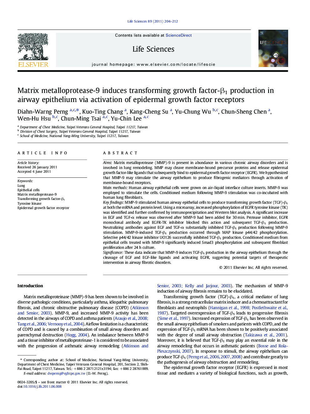 Matrix metalloprotease-9 induces transforming growth factor-β1 production in airway epithelium via activation of epidermal growth factor receptors