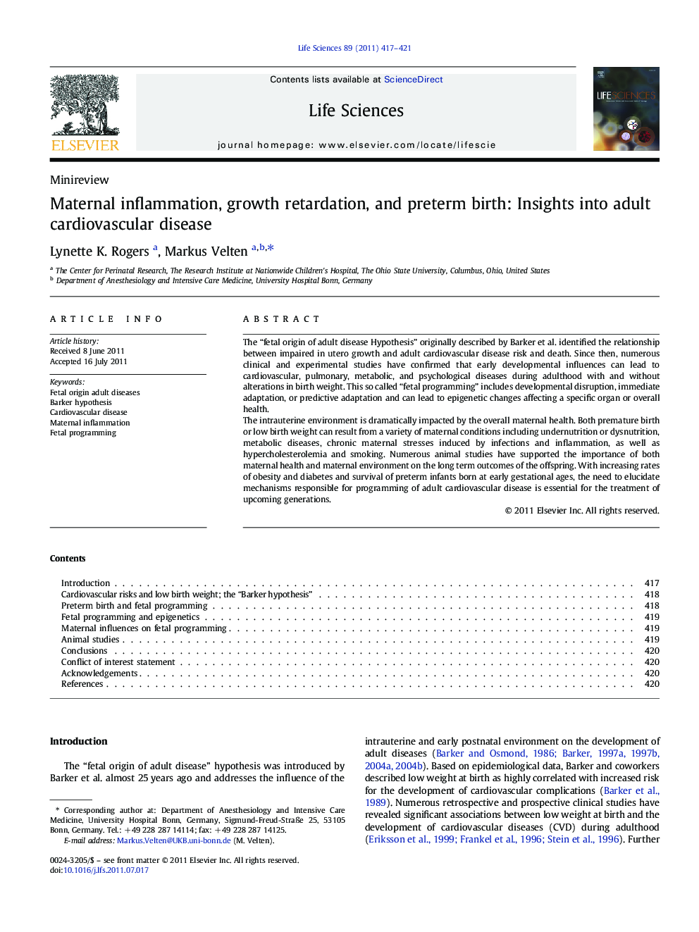 Maternal inflammation, growth retardation, and preterm birth: Insights into adult cardiovascular disease