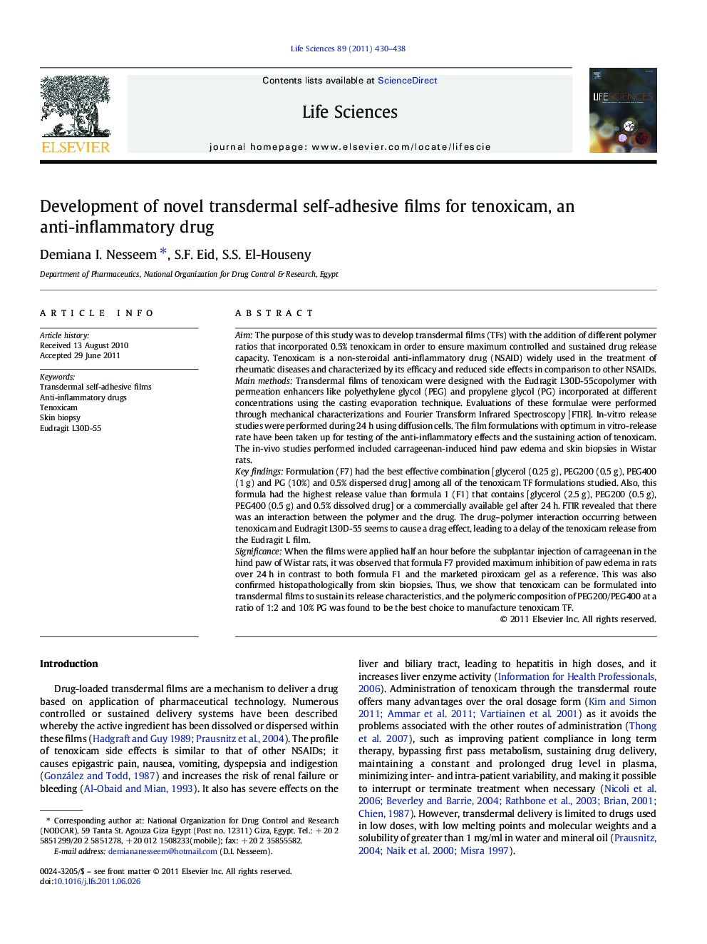 Development of novel transdermal self-adhesive films for tenoxicam, an anti-inflammatory drug