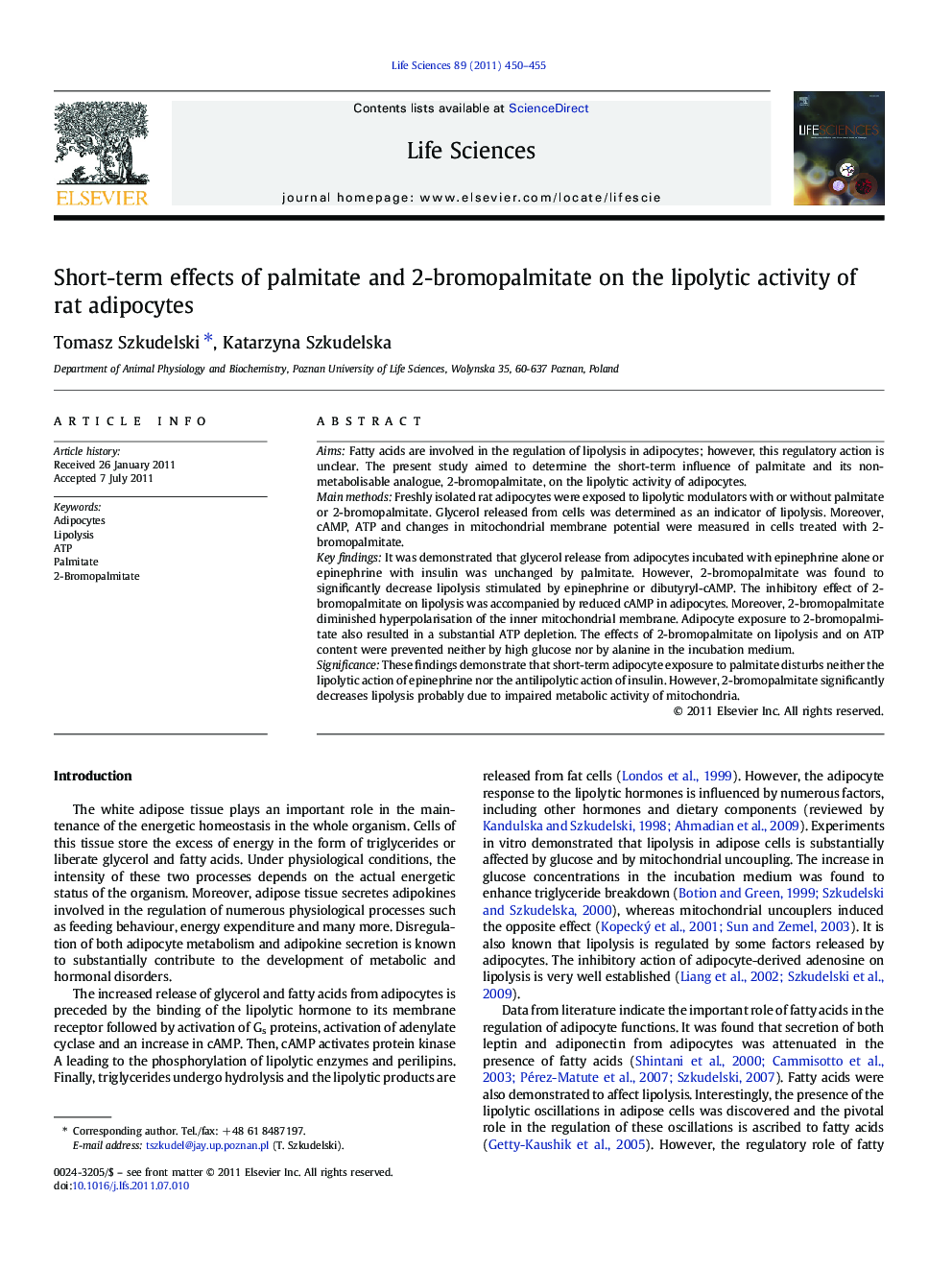 Short-term effects of palmitate and 2-bromopalmitate on the lipolytic activity of rat adipocytes