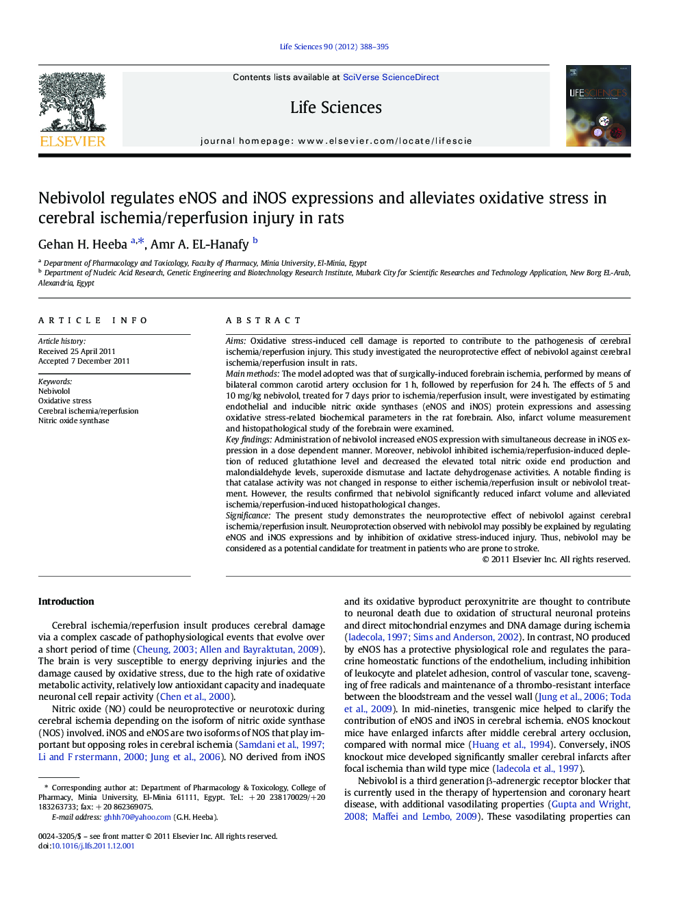 Nebivolol regulates eNOS and iNOS expressions and alleviates oxidative stress in cerebral ischemia/reperfusion injury in rats