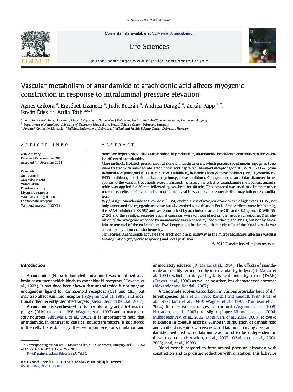 Vascular metabolism of anandamide to arachidonic acid affects myogenic constriction in response to intraluminal pressure elevation