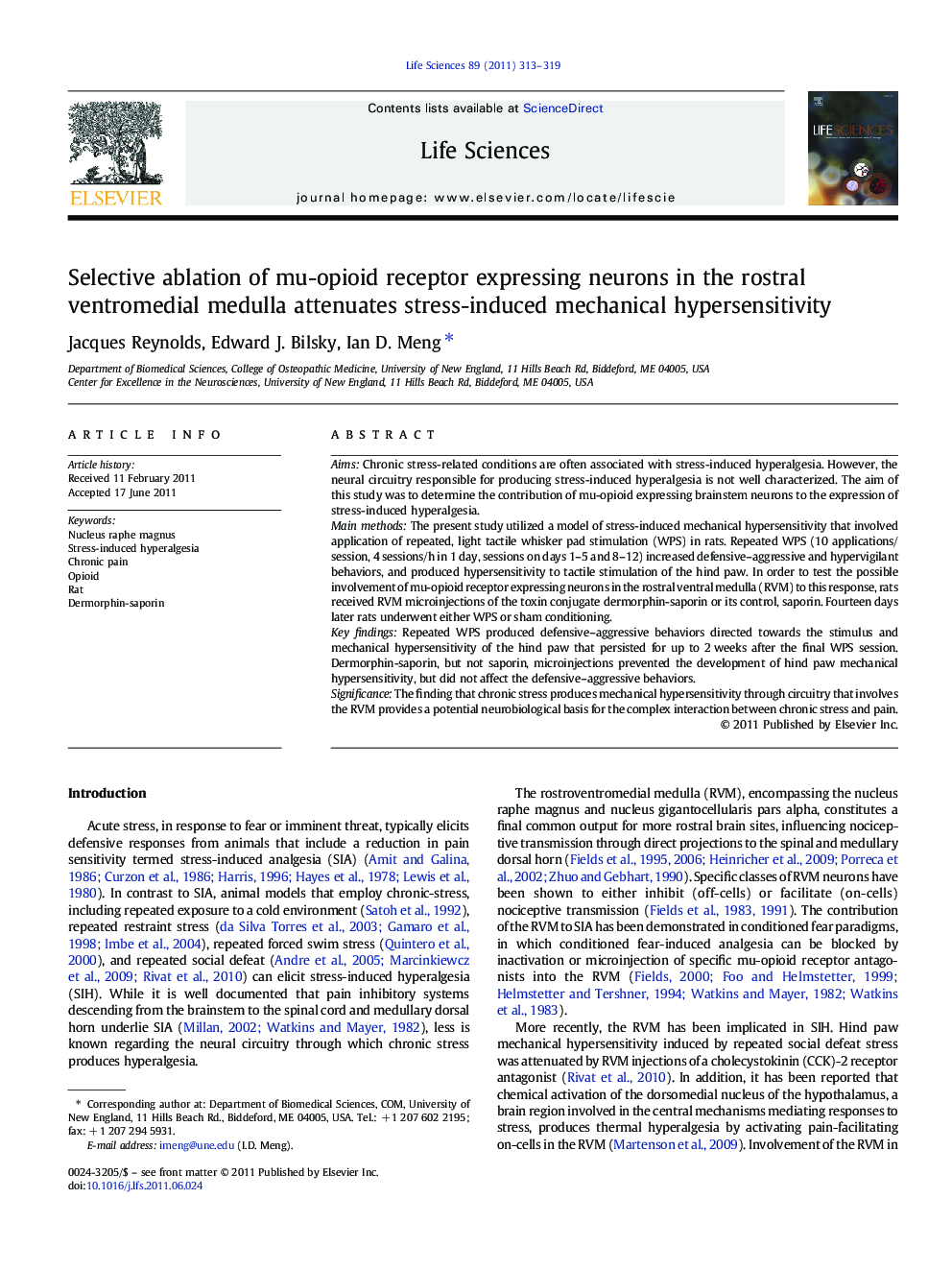 Selective ablation of mu-opioid receptor expressing neurons in the rostral ventromedial medulla attenuates stress-induced mechanical hypersensitivity