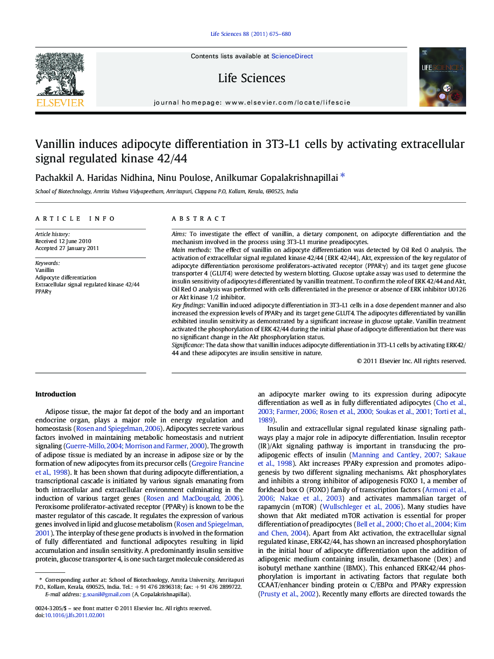 Vanillin induces adipocyte differentiation in 3T3-L1 cells by activating extracellular signal regulated kinase 42/44