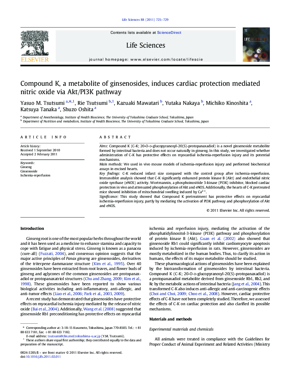 Compound K, a metabolite of ginsenosides, induces cardiac protection mediated nitric oxide via Akt/PI3K pathway