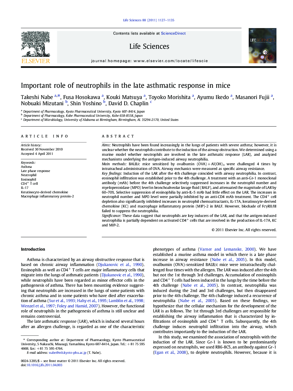 Important role of neutrophils in the late asthmatic response in mice