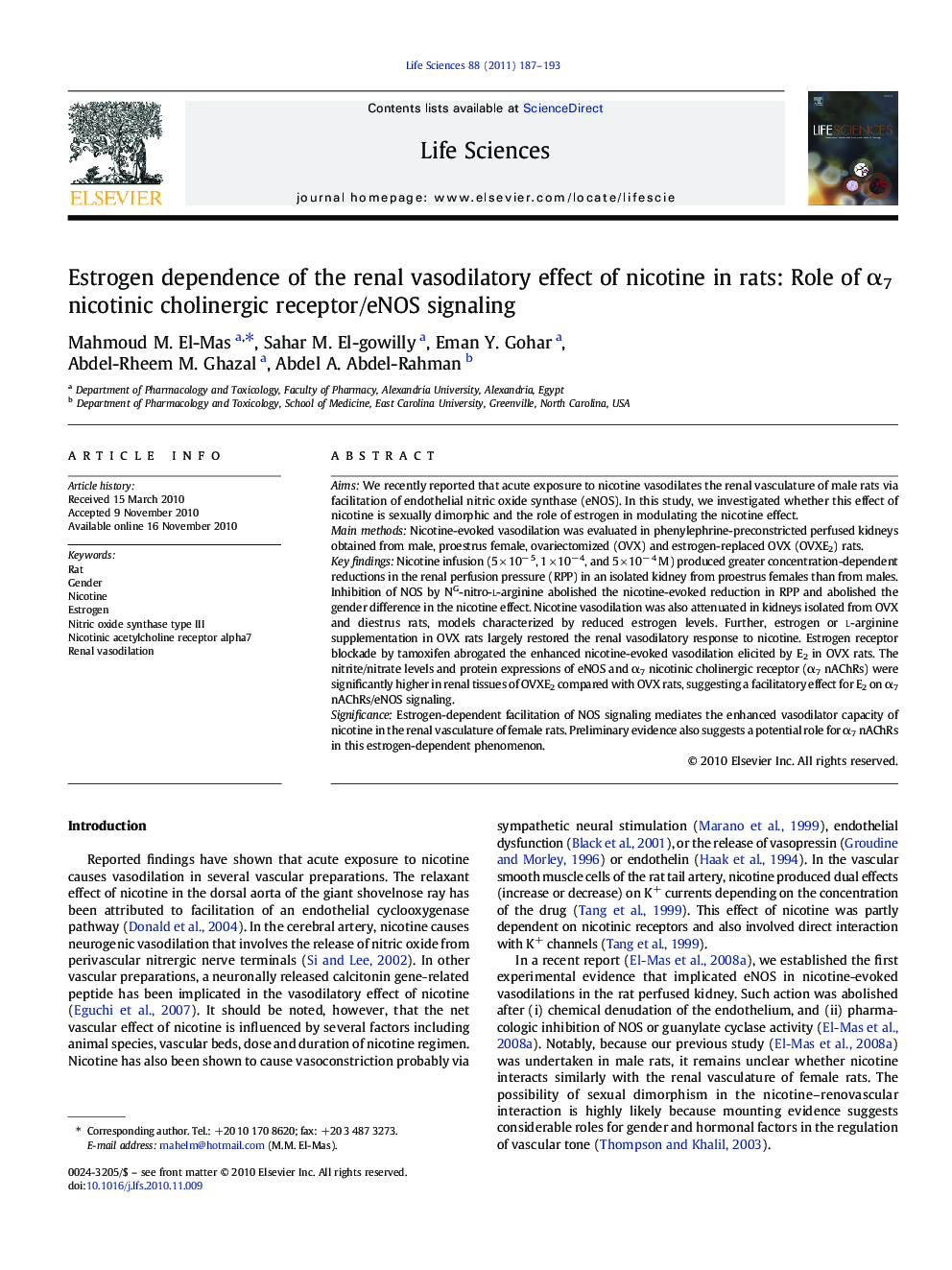 Estrogen dependence of the renal vasodilatory effect of nicotine in rats: Role of Î±7 nicotinic cholinergic receptor/eNOS signaling