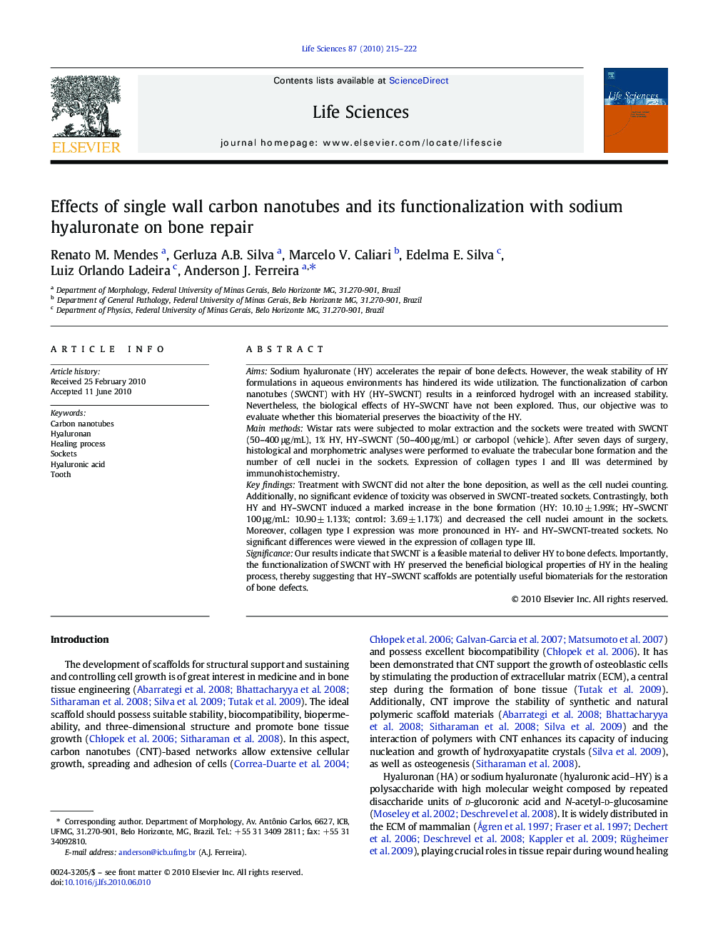 Effects of single wall carbon nanotubes and its functionalization with sodium hyaluronate on bone repair