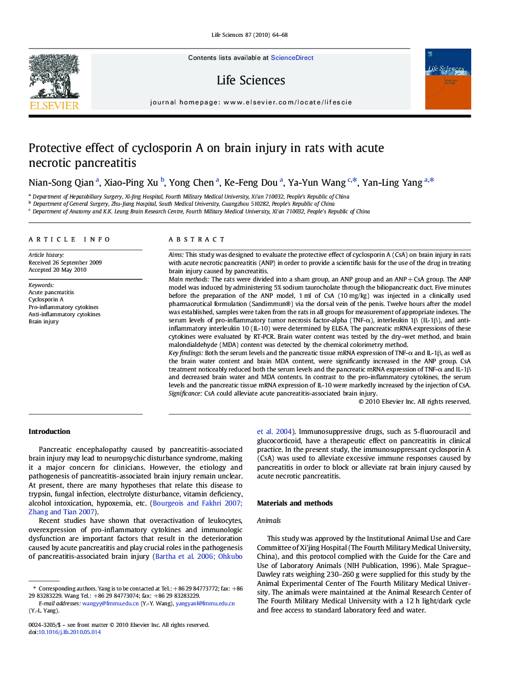 Protective effect of cyclosporin A on brain injury in rats with acute necrotic pancreatitis