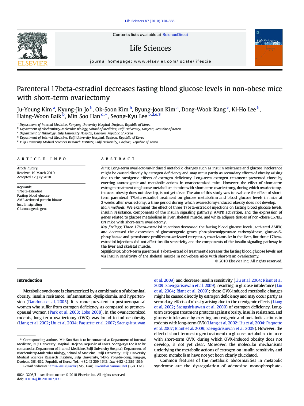 Parenteral 17beta-estradiol decreases fasting blood glucose levels in non-obese mice with short-term ovariectomy