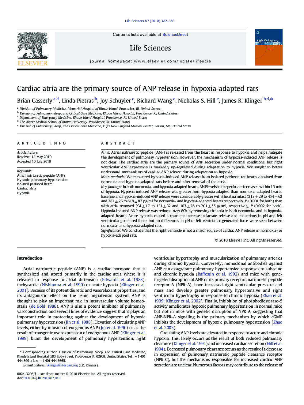 Cardiac atria are the primary source of ANP release in hypoxia-adapted rats