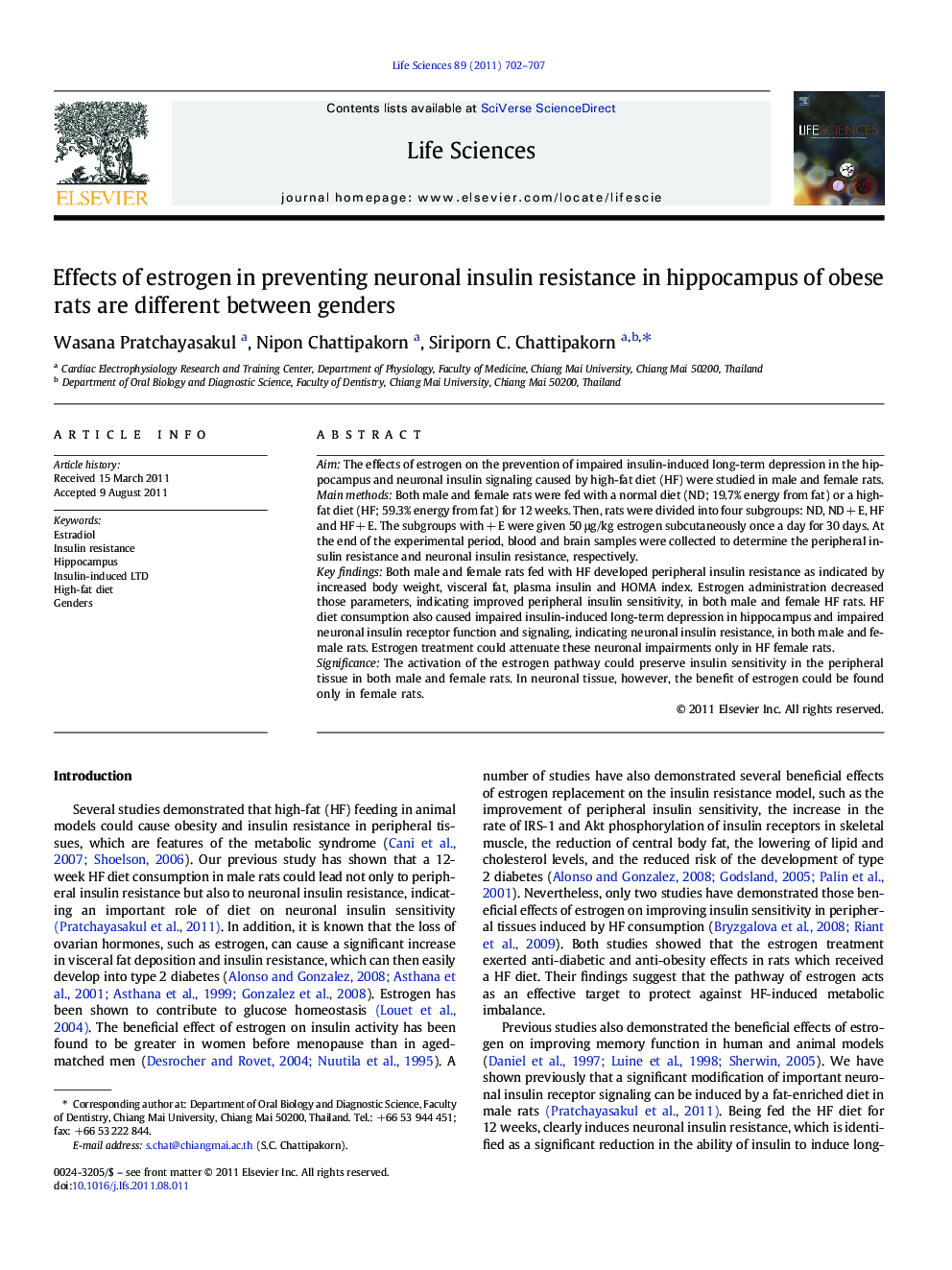 Effects of estrogen in preventing neuronal insulin resistance in hippocampus of obese rats are different between genders