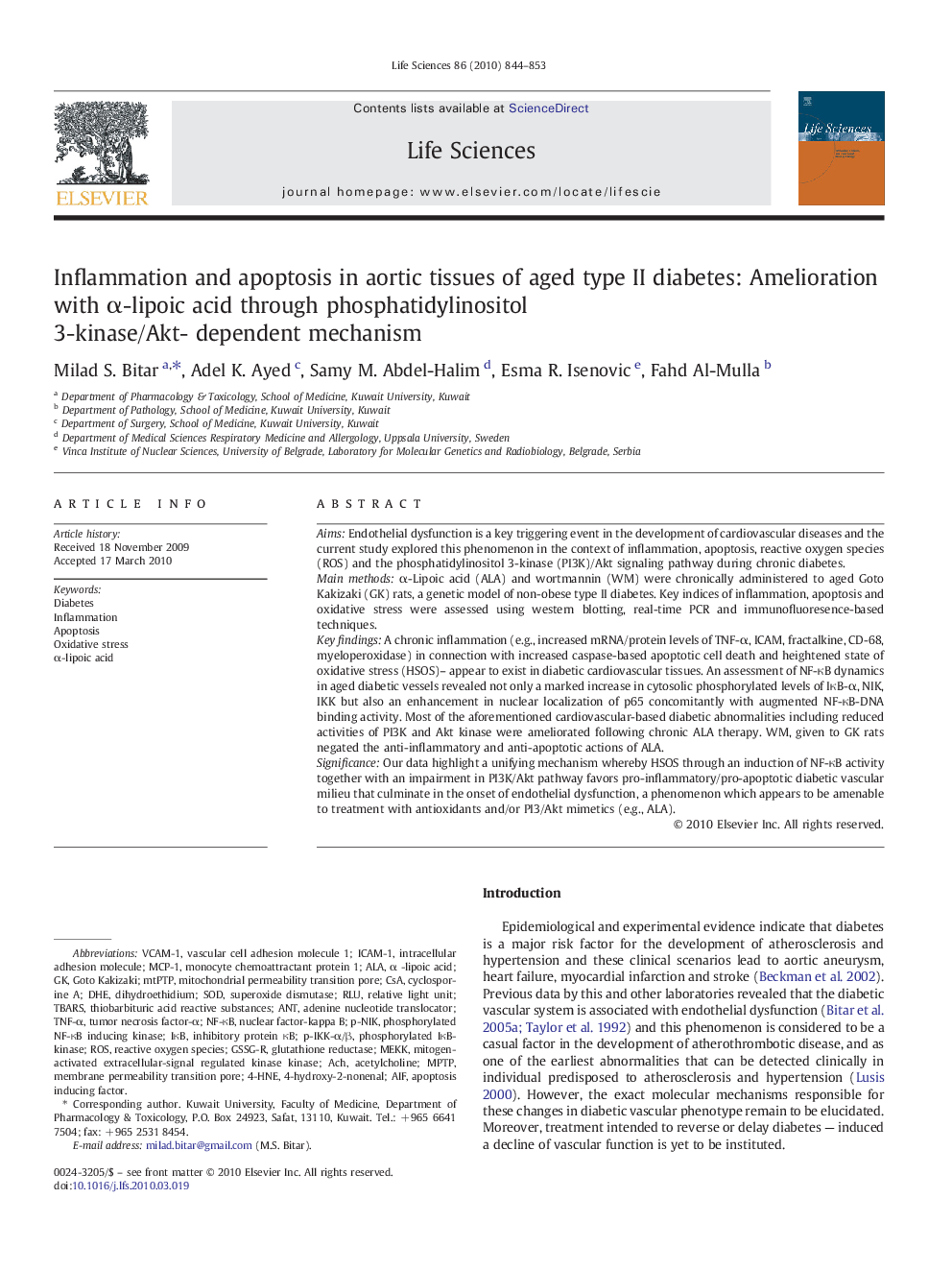 Inflammation and apoptosis in aortic tissues of aged type II diabetes: Amelioration with α-lipoic acid through phosphatidylinositol 3-kinase/Akt- dependent mechanism