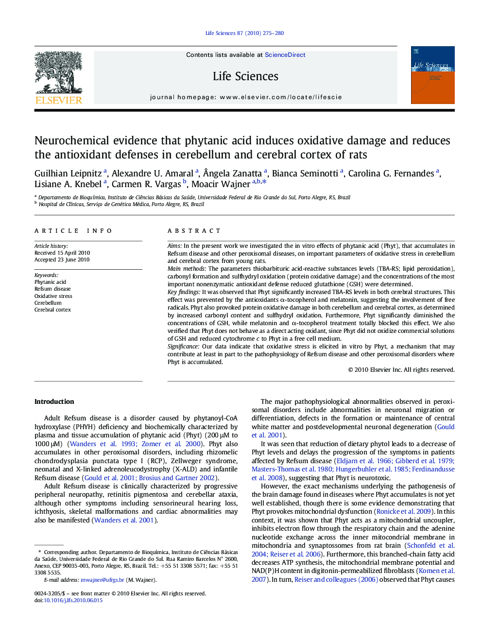 Neurochemical evidence that phytanic acid induces oxidative damage and reduces the antioxidant defenses in cerebellum and cerebral cortex of rats