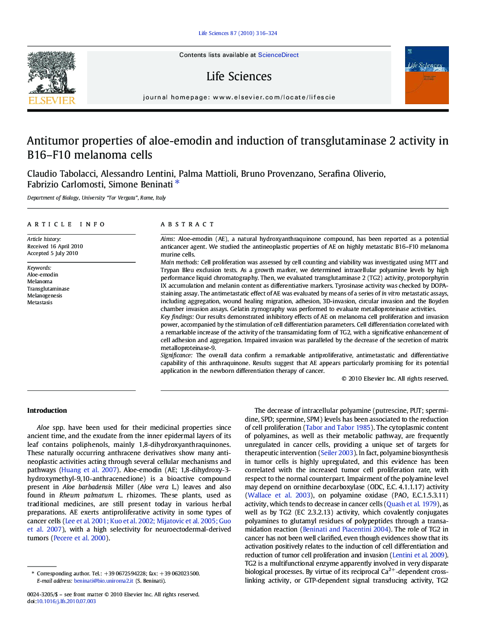 Antitumor properties of aloe-emodin and induction of transglutaminase 2 activity in B16–F10 melanoma cells