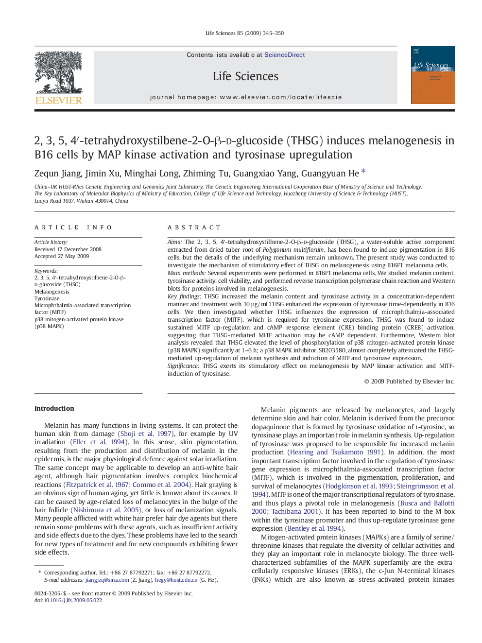 2, 3, 5, 4′-tetrahydroxystilbene-2-O-β-d-glucoside (THSG) induces melanogenesis in B16 cells by MAP kinase activation and tyrosinase upregulation