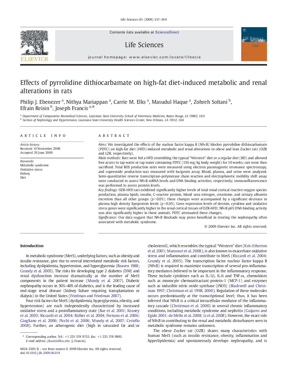 Effects of pyrrolidine dithiocarbamate on high-fat diet-induced metabolic and renal alterations in rats