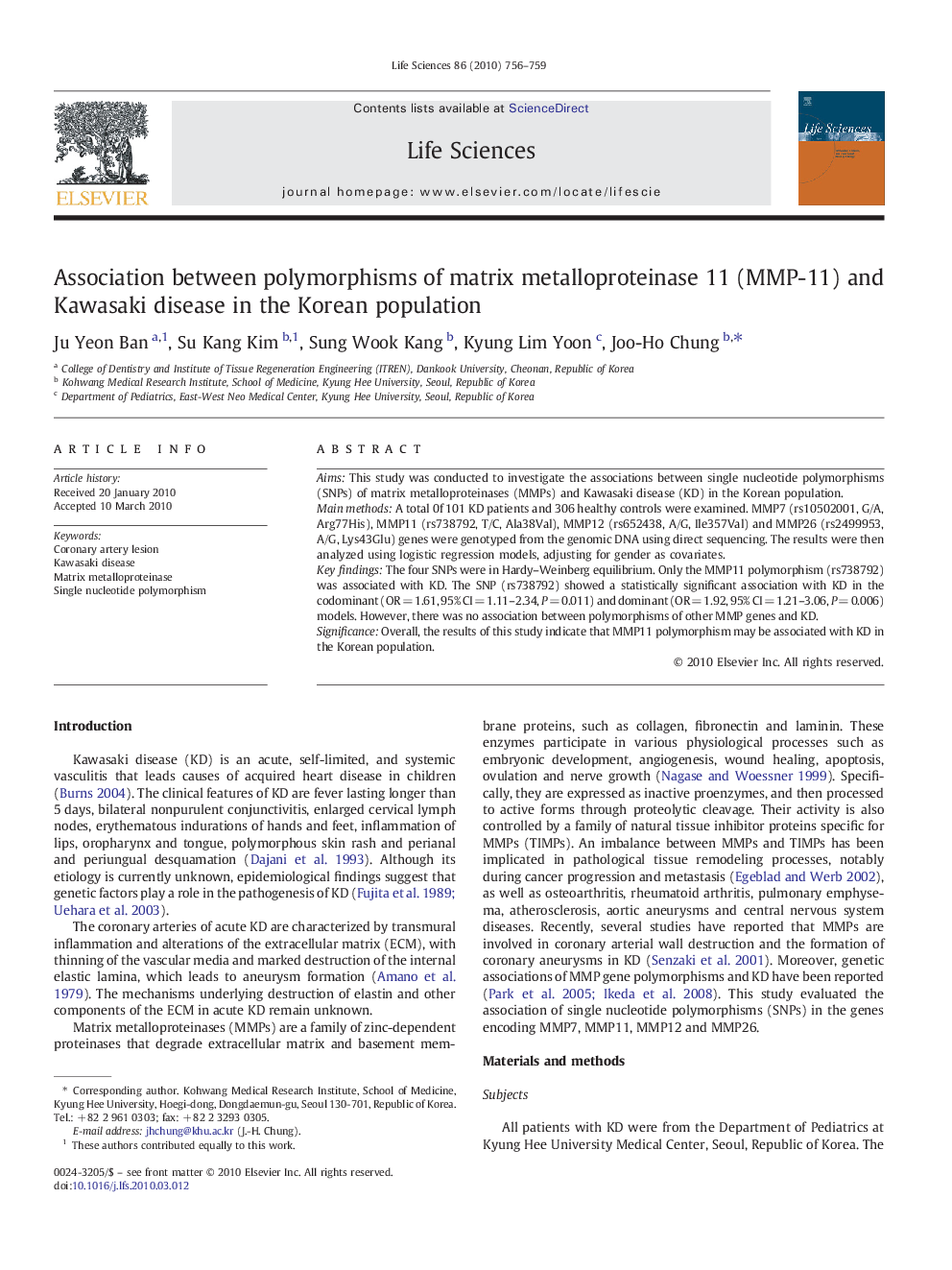 Association between polymorphisms of matrix metalloproteinase 11 (MMP-11) and Kawasaki disease in the Korean population