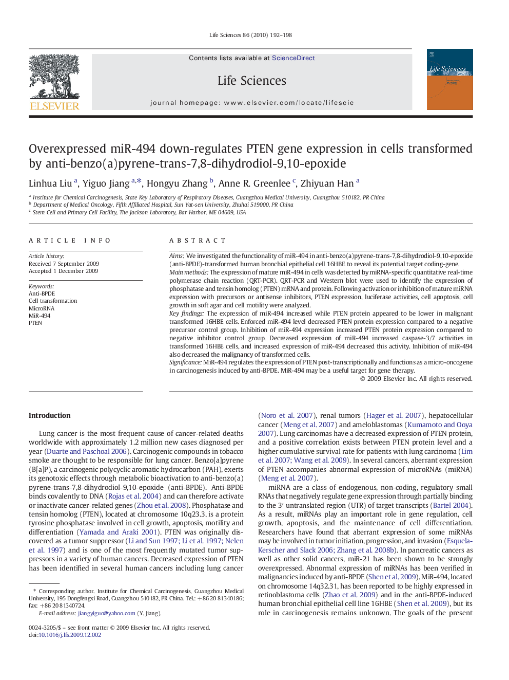 Overexpressed miR-494 down-regulates PTEN gene expression in cells transformed by anti-benzo(a)pyrene-trans-7,8-dihydrodiol-9,10-epoxide