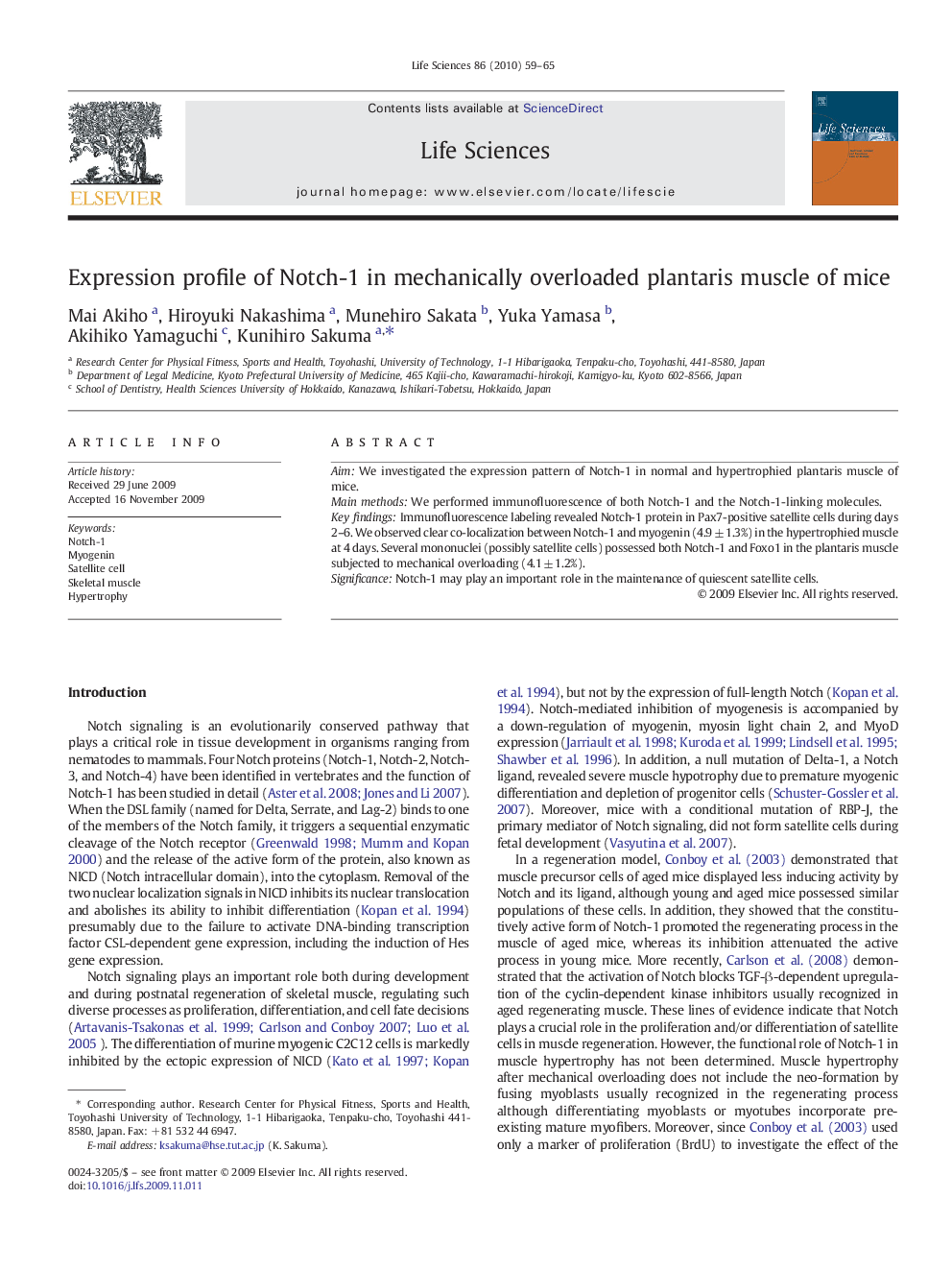 Expression profile of Notch-1 in mechanically overloaded plantaris muscle of mice