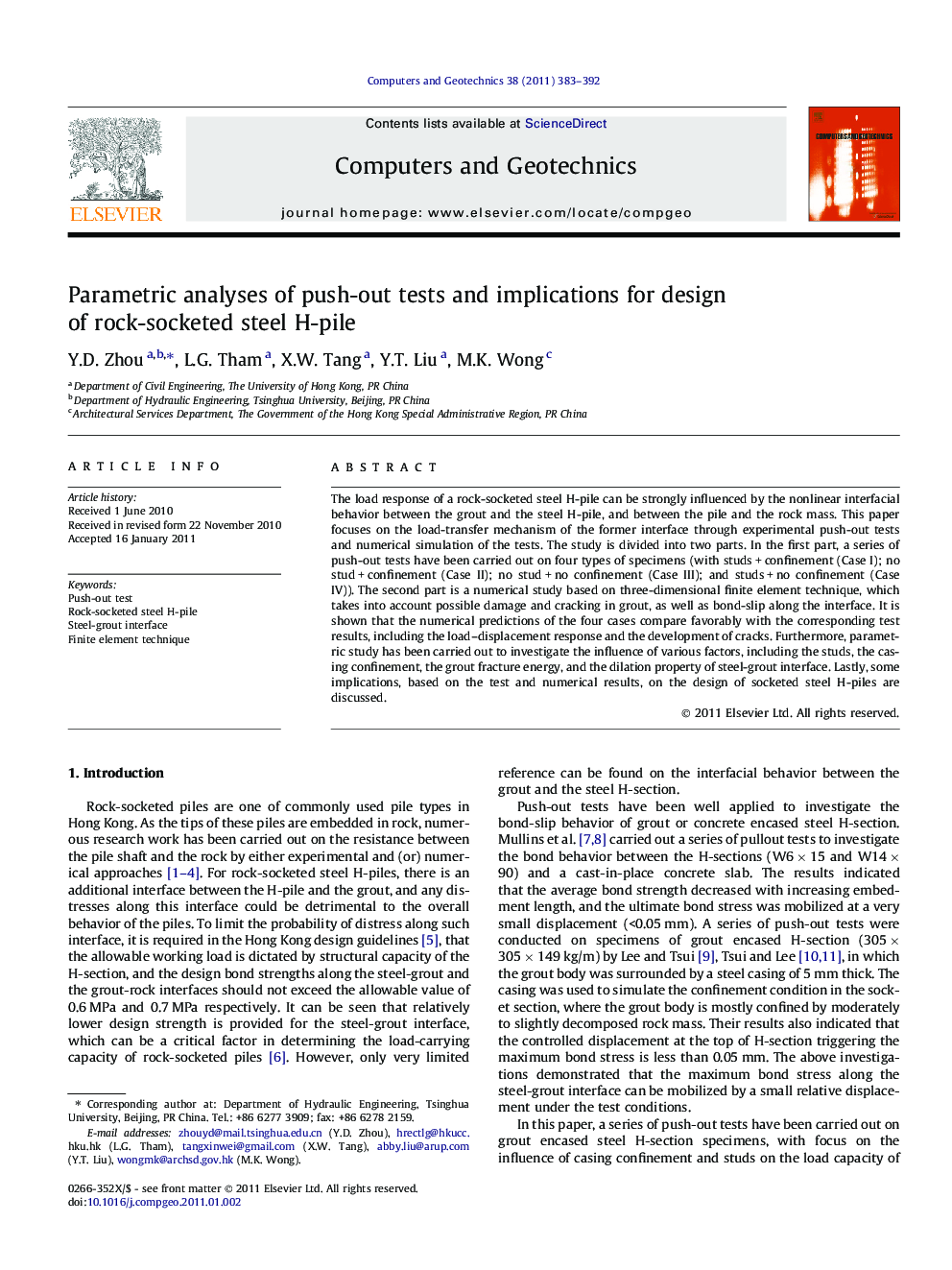 Parametric analyses of push-out tests and implications for design of rock-socketed steel H-pile