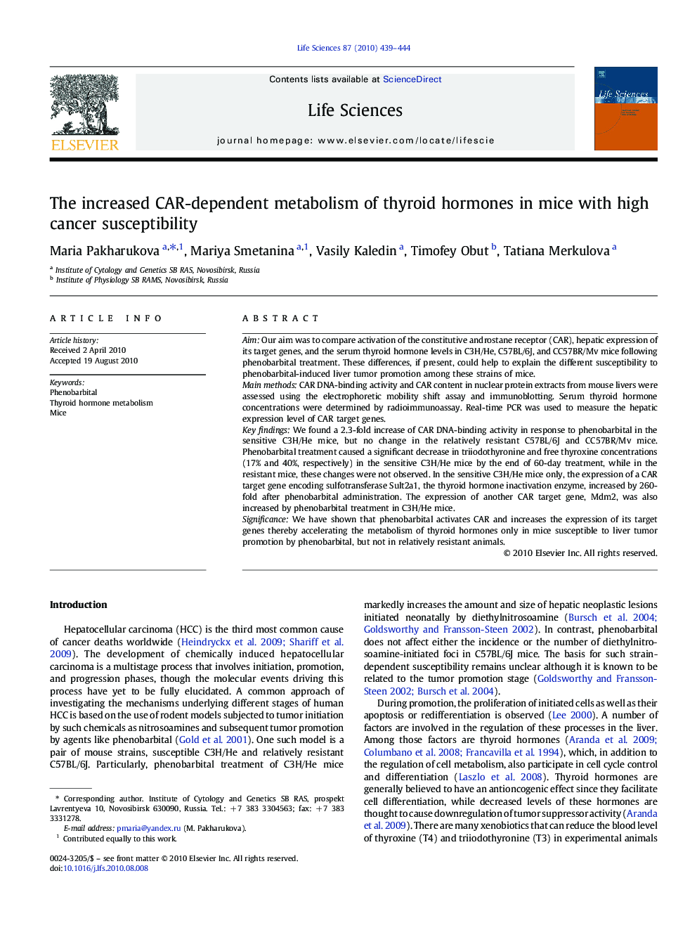 The increased CAR-dependent metabolism of thyroid hormones in mice with high cancer susceptibility