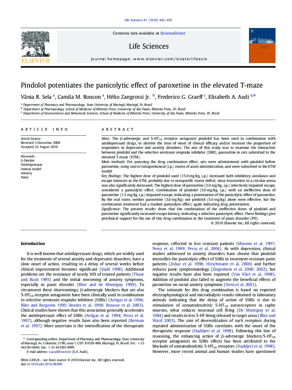 Pindolol potentiates the panicolytic effect of paroxetine in the elevated T-maze