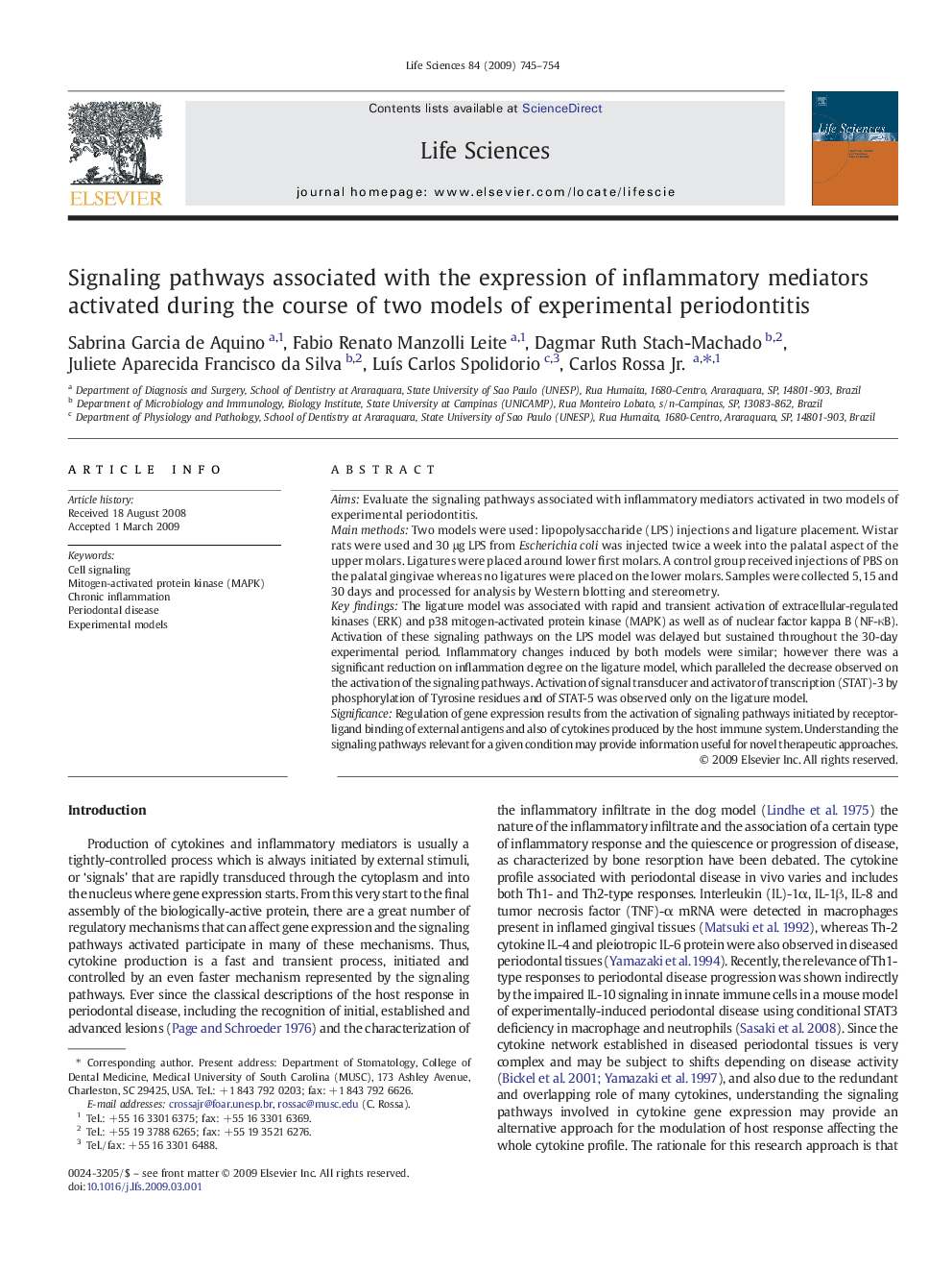 Signaling pathways associated with the expression of inflammatory mediators activated during the course of two models of experimental periodontitis