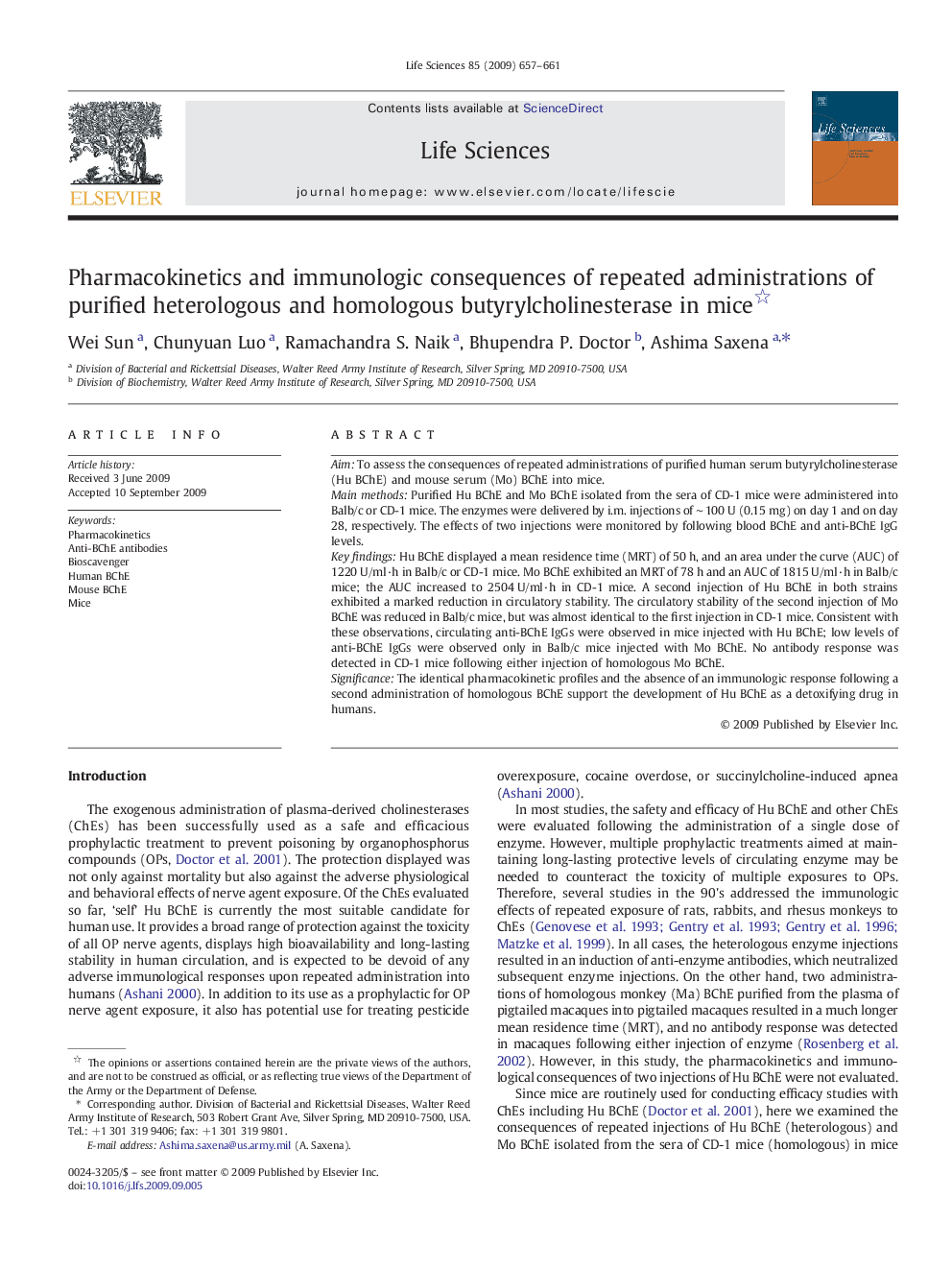 Pharmacokinetics and immunologic consequences of repeated administrations of purified heterologous and homologous butyrylcholinesterase in mice 