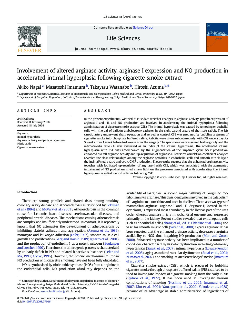 Involvement of altered arginase activity, arginase I expression and NO production in accelerated intimal hyperplasia following cigarette smoke extract