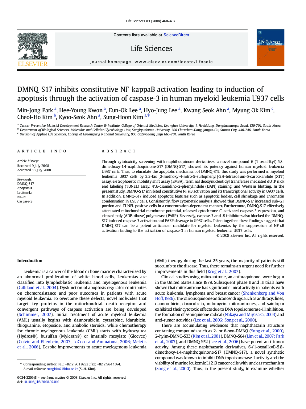 DMNQ-S17 inhibits constitutive NF-kappaB activation leading to induction of apoptosis through the activation of caspase-3 in human myeloid leukemia U937 cells