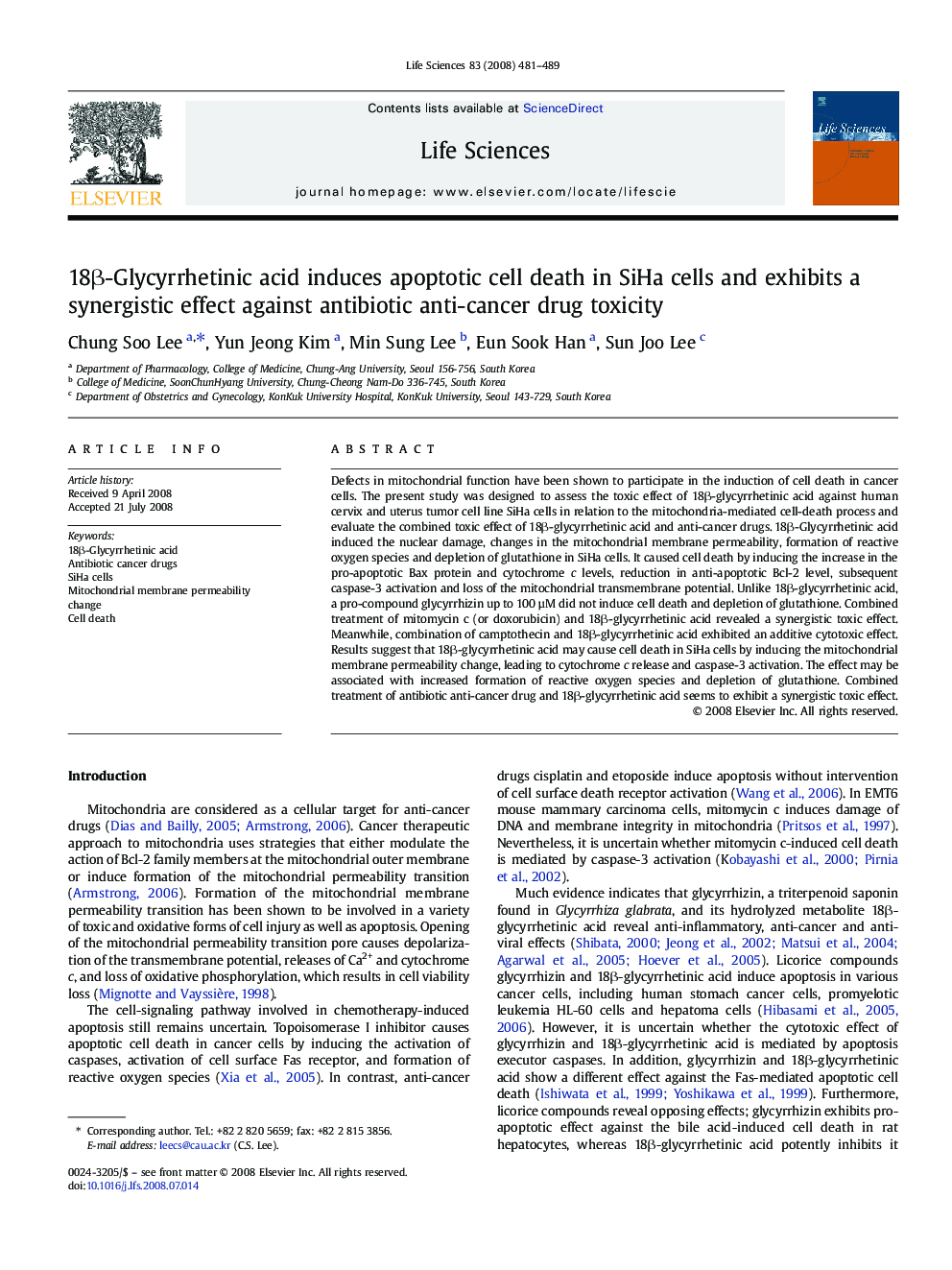 18β-Glycyrrhetinic acid induces apoptotic cell death in SiHa cells and exhibits a synergistic effect against antibiotic anti-cancer drug toxicity