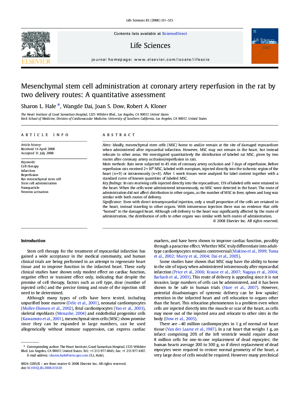 Mesenchymal stem cell administration at coronary artery reperfusion in the rat by two delivery routes: A quantitative assessment